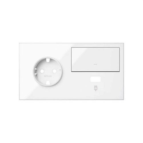 Frontkit voor 2 elementen met 1 Schuko-stopcontact, 1 schakelaar en 1 USB-oplader links glanzend wit Simon 100 met referentie 10020207-130 van het merk SIMON