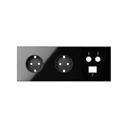 Kit front voor 3 elementen met 2 schuko stopcontacten en 1 enkele R-TV+SAT aansluiting met 1 RJ45 connector mat wit Simon 100 met referentie 10020303-138 van het merk SIMON