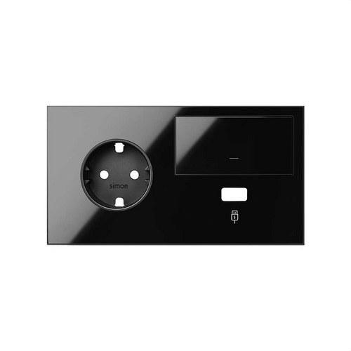 Kit front voor 2 elementen met 1 Schuko stopcontact, 1 schakelaar en 1 USB-oplader links mat wit Simon 100 met referentie 10020207-138 van het merk SIMON